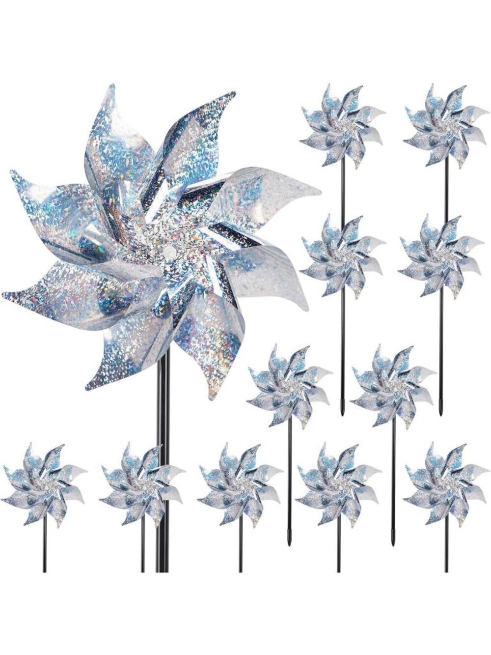 12 Pack Sparkly Reflective Pinwheels for Garden Decor & Bird Repellent, Silver